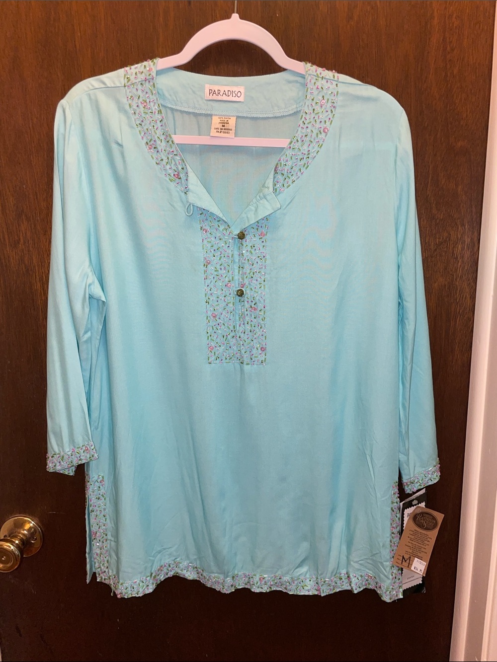 Paradiso size M aqua blue rayon top with lots of beading-NWT